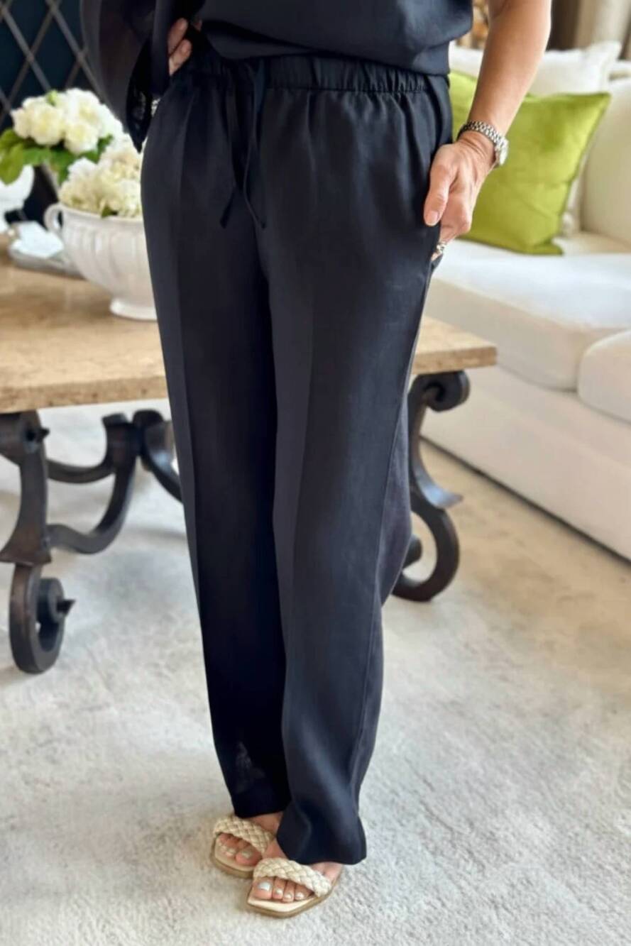 NEW CROWN LINEN classic linen pants in black